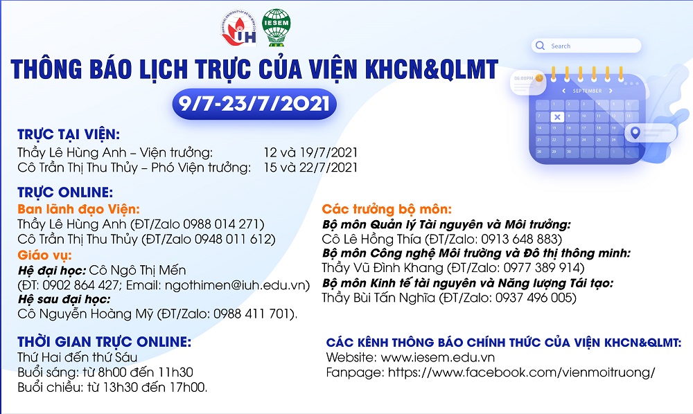 Thông báo lịch trực Viện trực tuyến từ ngày 9/7-23/7/2021